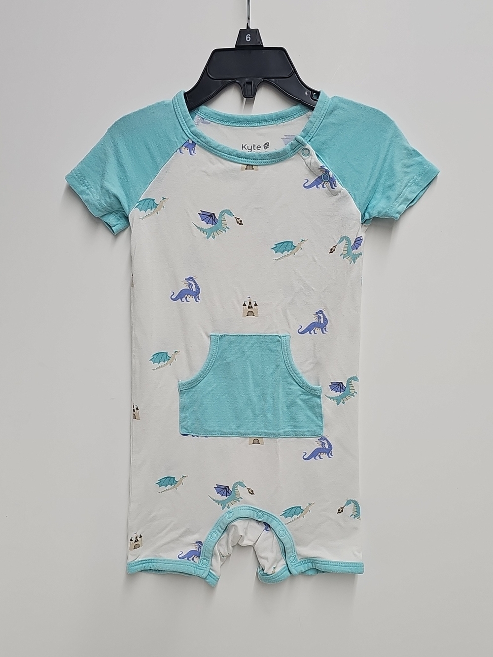 Kyte BABY White & Aqua Dragon Castle Pocket Romper Size 3T
